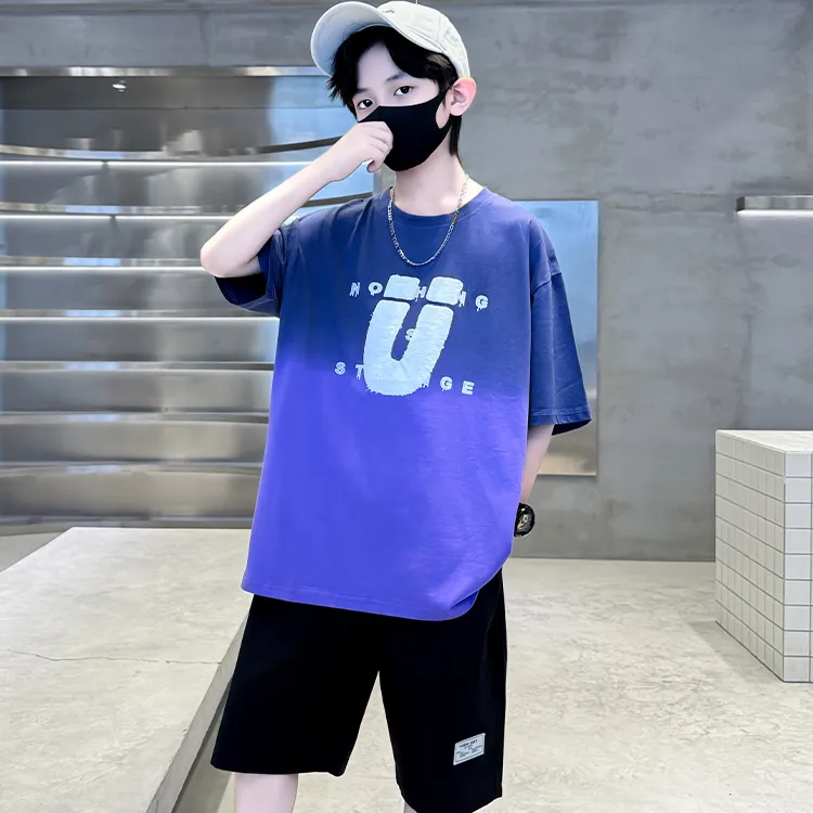 爆款2024新款男童套装酷夏款潮装渐变色帅气上衣百搭柔软短裤炸街