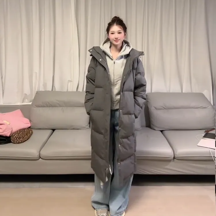 定制款4个口袋超长款灰色中戏棉服女2025新款加厚韩版棉衣冬外套