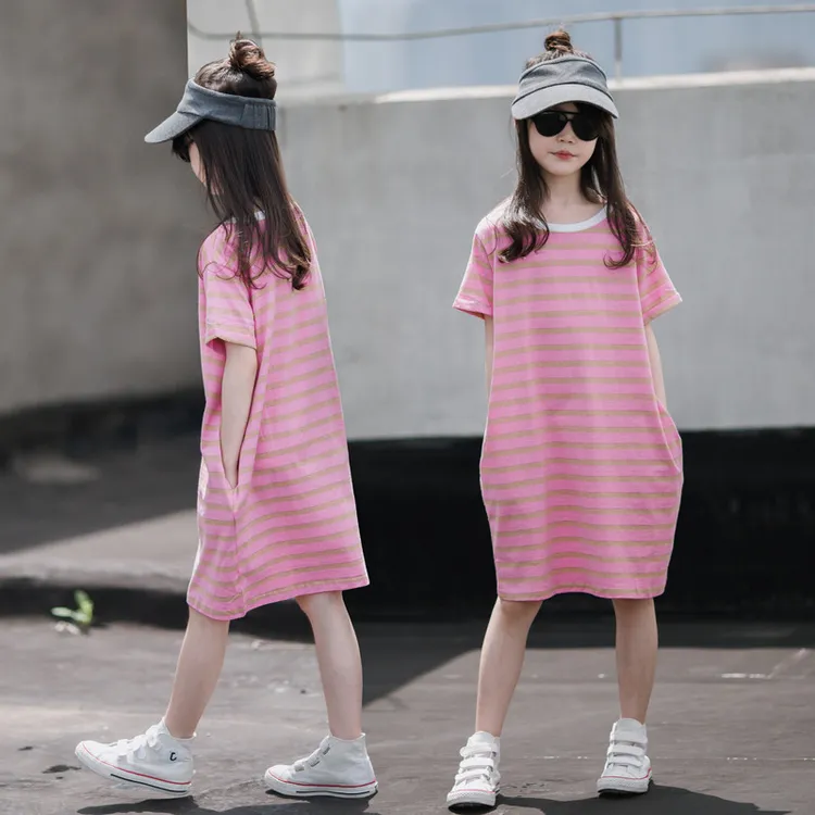 女童短袖连衣裙2025夏装儿童中长款t恤裙中大童夏季运动条纹裙子T