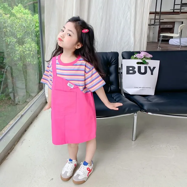 女童短袖连衣裙2025夏装新款洋气背带裙夏季宝宝套装假两件裙子潮