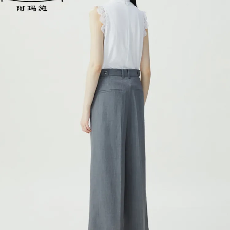 阿玛施薄毛料新款西裤高腰显瘦时尚女高腰通勤阔腿裤西裤5100649
