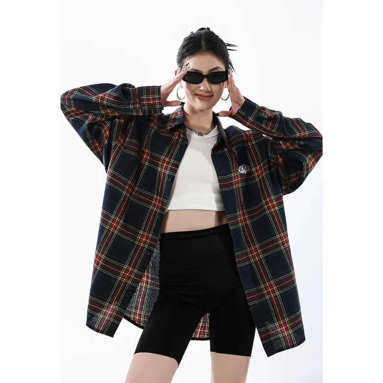 ICH MODE设计感宽松春秋长袖外套撞色格子慵懒潮流百搭休闲衬衫女
