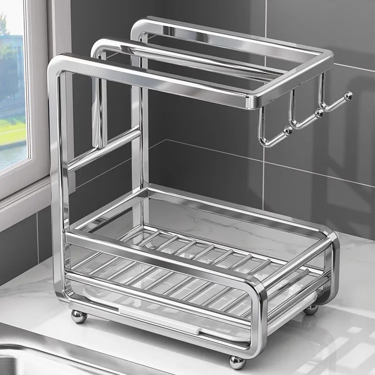 新款不锈钢带杆抹布架厨房置物架台面家用水槽架毛巾沥水架收纳架