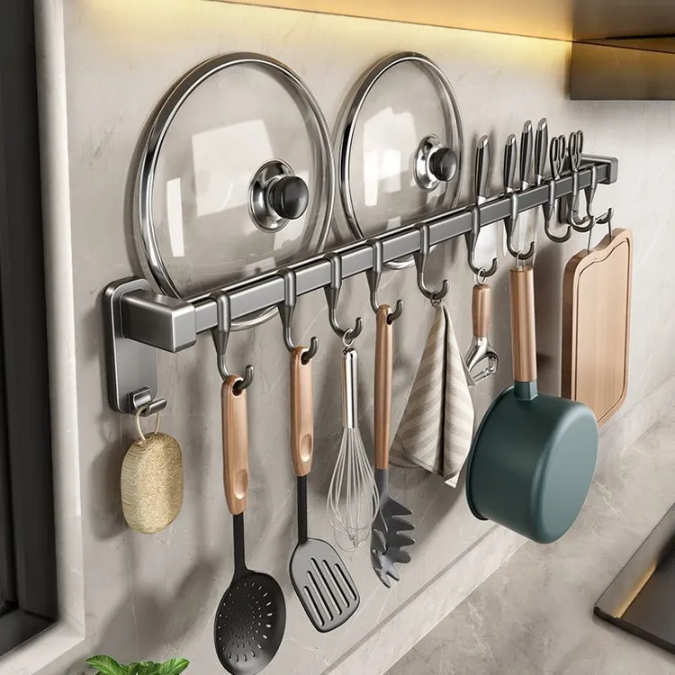 枪灰厨房挂钩免打孔挂杆厨房置物架壁挂式排钩锅铲勺子刀架收纳架