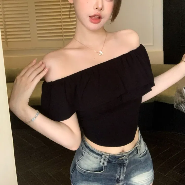 一字肩性感纯欲短袖T恤女夏季修身褶皱荷叶边法式短款别致小上衣