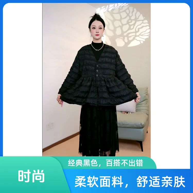 雅鹿秋冬时尚经典气质娃娃衫中长款洋气宽松V领褶皱加厚轻奢外套