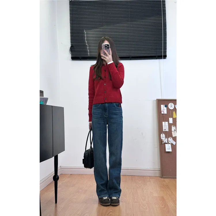 【蓝莓之夜】王牌必入加厚加绒弹力洗水蓝色直筒牛仔裤窄版阔腿裤