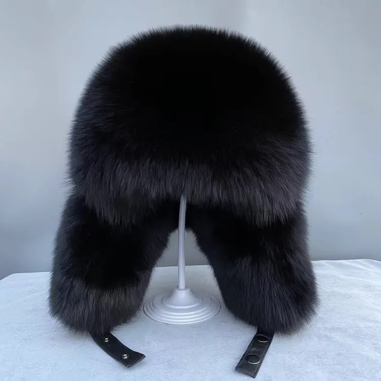 凯豪硕齐黑狐全毛霸王帽男女款狐狸毛雷锋帽护耳皮草帽子时尚百搭