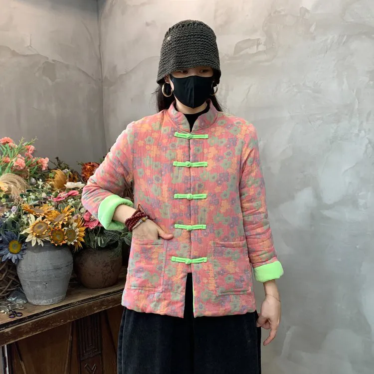新中式双层纱盘扣冬季女棉服复古文艺立领碎花小棉袄加厚棉衣外套