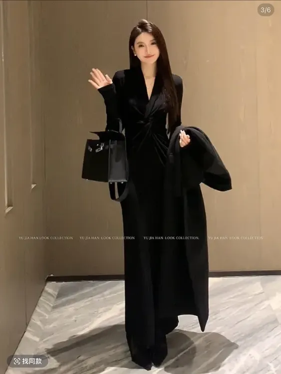 黑色设计感弧形深V时尚针织长裙显瘦修身高级感小众长袖连衣裙女