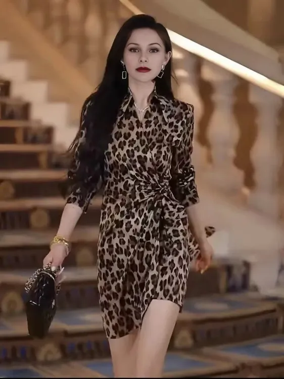 豹纹设计感绑带v领长袖连衣裙女2025春秋季新款气质收腰裙时尚