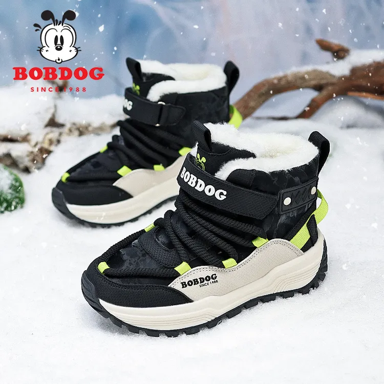 巴布豆儿童雪地靴冬季新款加绒男童中筒靴子保暖大棉鞋小孩防滑靴