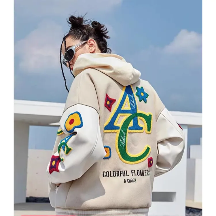 【Achock官方店】美式碎花毛巾绣植绒潮夹克潮牌杏色单排扣棒球服