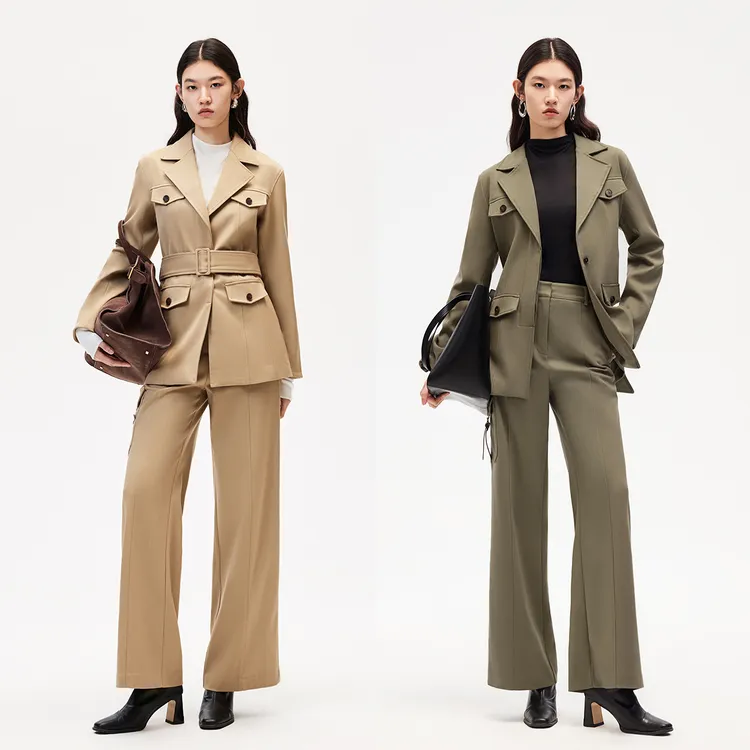 Vero Moda西服女气质新款直筒腰带翻领字母贴通勤爆款洋气休闲装