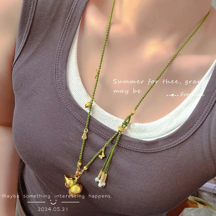 非金属棉绳项链 夏季新款纯手工编织浮雕纹福禄葫芦流苏项链
