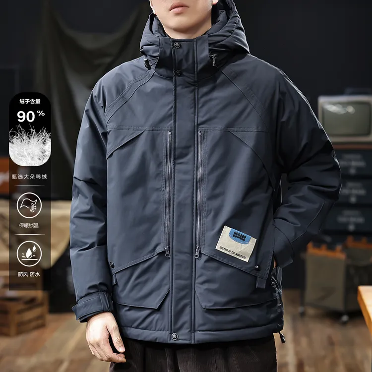 90鸭绒户外工装羽绒服男士极寒保暖连帽防风短款宽松大码夹克外套