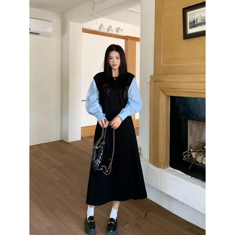 大码女装胖mm韩版圆领拼接条纹衬衫袖连衣裙2024秋冬显瘦遮肉长裙
