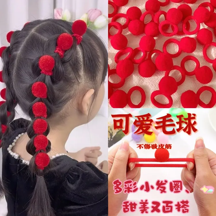 儿童新年红色皮筋女童扎头发圈宝宝中国风头绳女孩不伤发拜年发饰