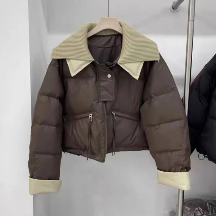 冬季时尚2024短款免洗棉服洋气拼接保暖针织翻领显瘦百搭女外套