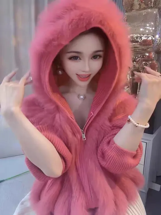 2024冬新款时尚进口狐狸毛拼接针织毛衣开衫皮草连帽子外套短款女