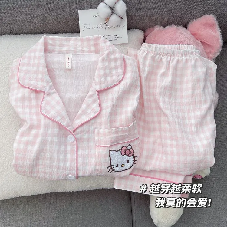 新款薄款云朵棉秋季学生睡衣女可爱少女KT猫长袖长裤甜美家居