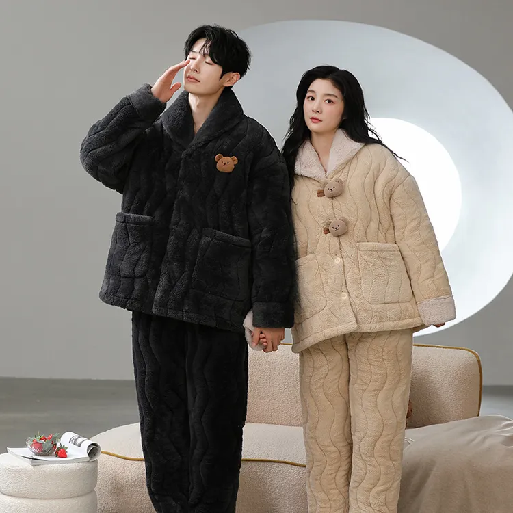 情侣睡衣秋冬款女套装2025新款男士加绒加厚珊瑚绒三层夹棉家居服