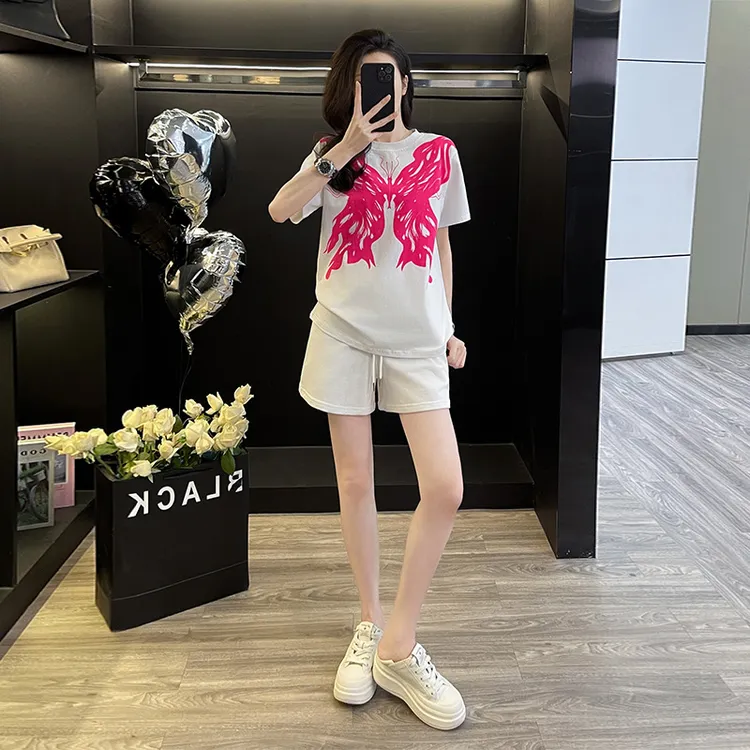 潮牌白色短袖蝴蝶运动套装女款2024夏季新款减龄设计感宽松一整套