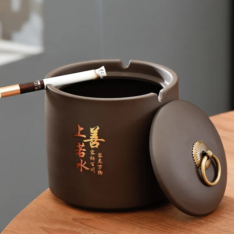 烟灰缸办公室茶桌2025家用客厅摆件防飞尘大号多功能烟灰缸陶瓷