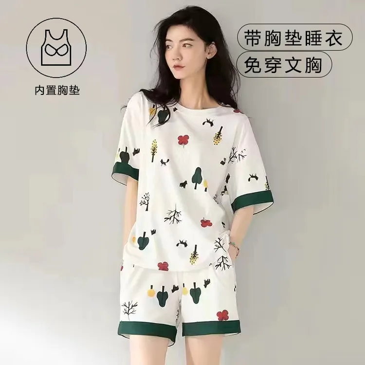 带胸垫睡衣女士春夏季短袖短裤大码免穿文胸夏天薄款家居服套装
