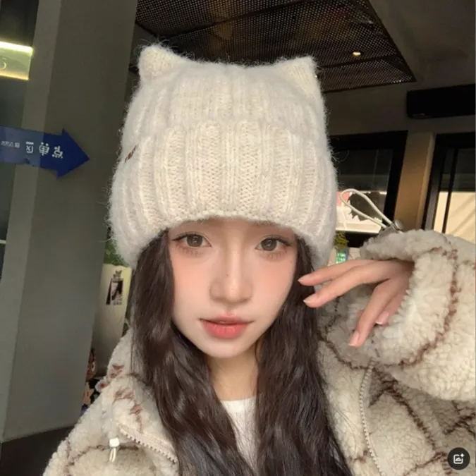 可爱猫咪耳朵毛绒针织帽子秋冬季护耳保暖防寒显脸小百搭毛线帽潮