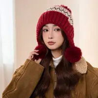 时尚拼色毛球护耳保暖帽子女冬天骑车加绒防寒毛线帽民族风帽潮
