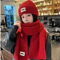 红色针织毛线帽女冬季保暖护耳大头围帽子围巾时尚气质情侣围脖潮
