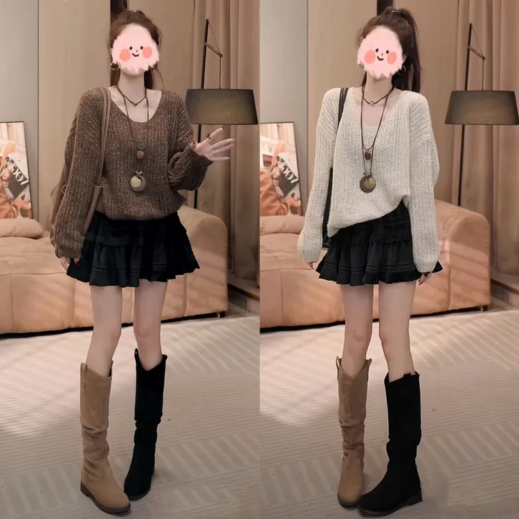 2024秋装新款v领针织毛衣+半身短裙两件套时尚洋气减龄套装潮流女