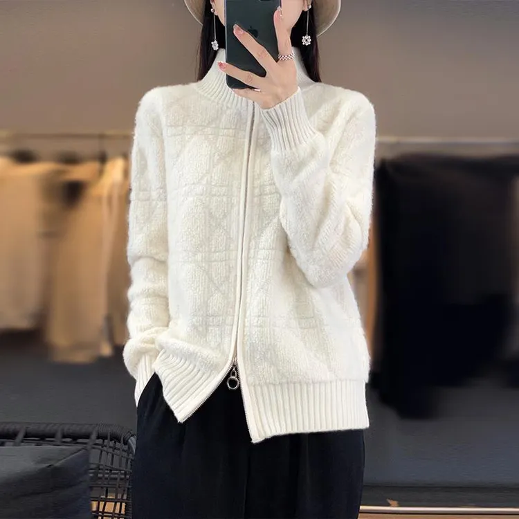 高领针织女士重工羊毛开衫简约拉链毛衣2023秋冬新款百搭遮肚外套