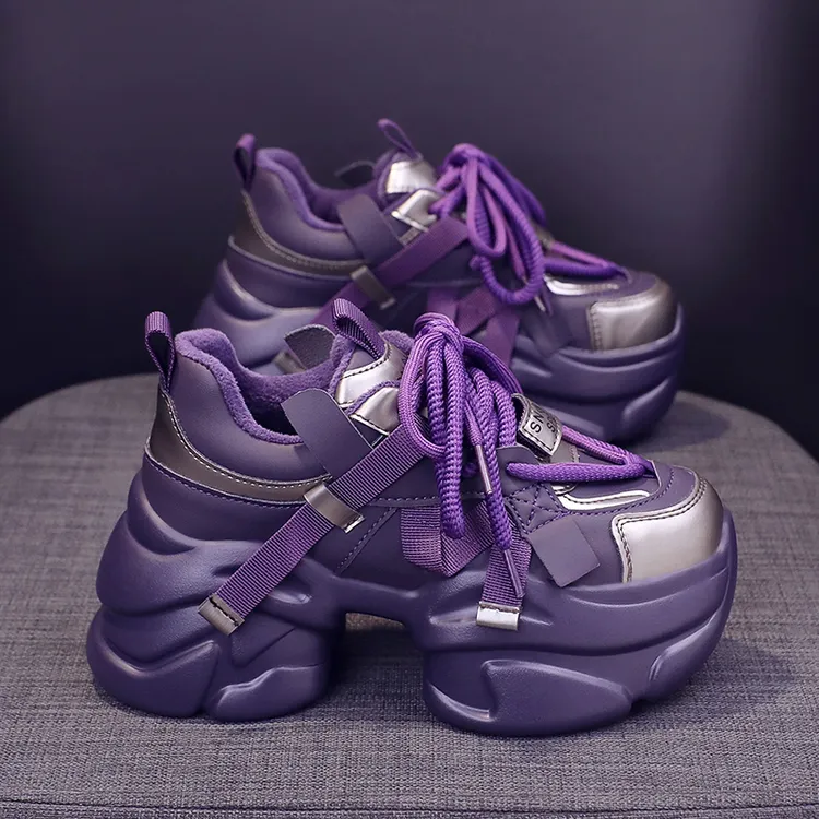 紫色老爹鞋女2024新款秋冬加绒爆款厚底鞋子增高显脚小休闲运动鞋