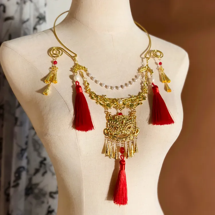 合金项链 古风汉服项圈民族璎珞流苏铃铛富贵项链配饰饰品醒狮