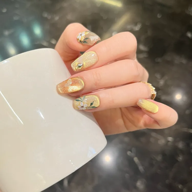 【金福】姐弟纯手工穿戴美甲手绘花金黄色猫眼BB380