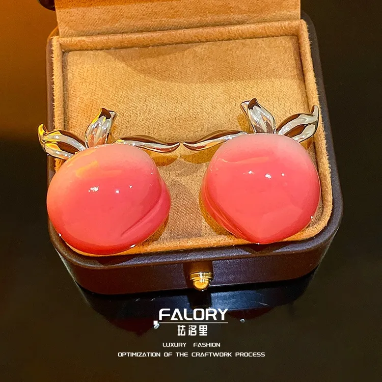 铜合金耳饰 【蜜桃雪莉】粉色水蜜桃金属耳环个性时尚百搭925银针