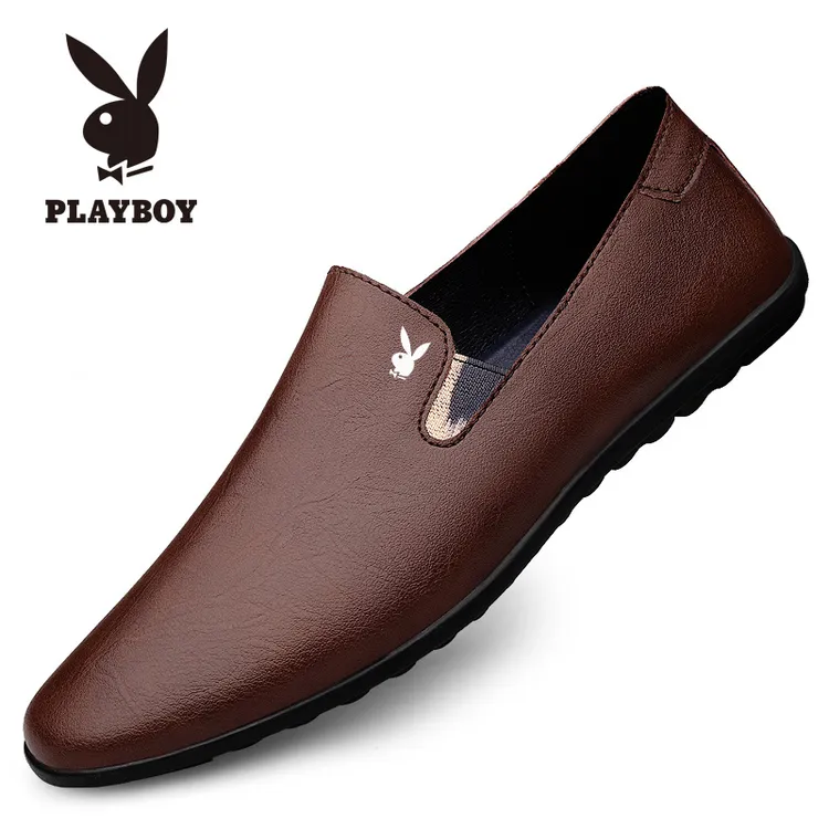 PLAYBOY皮鞋男鞋夏季真皮透气英伦商务休闲鞋懒人一脚蹬豆豆鞋男