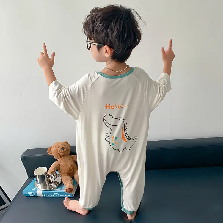 男童连体睡衣春秋莫代尔薄款儿童短袖卡通睡袋男孩宝宝家居服夏天