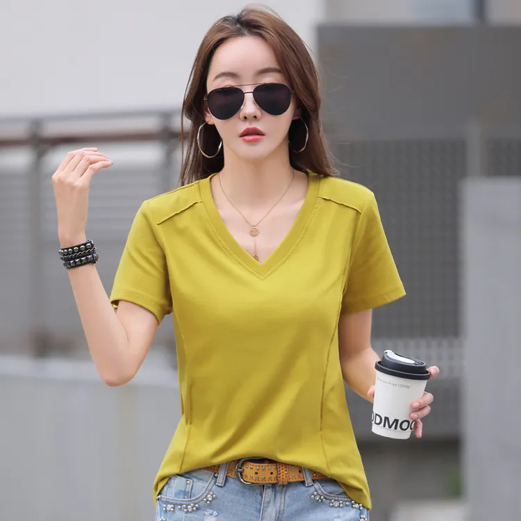 女士高档短袖t恤夏季女装打底衫宽松版多巴胺风格衣服V领正肩上衣