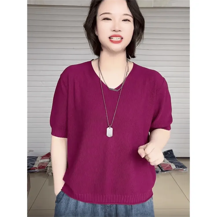 夏季新款短袖胖mm大码宽松显瘦内搭针织衫女休闲风百搭棉麻上衣潮