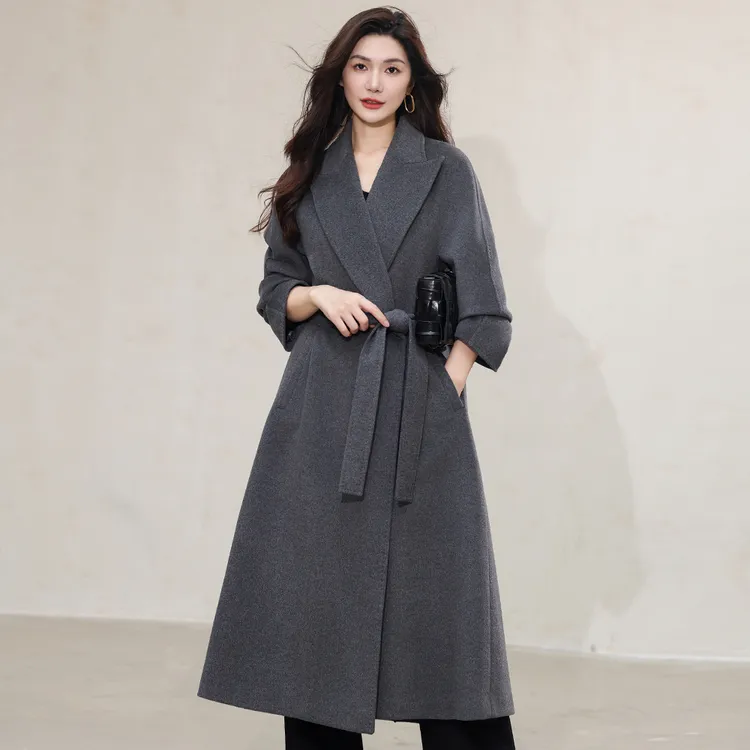 戗驳领斜插袋系带羊绒大衣女士休闲百搭秋冬外套