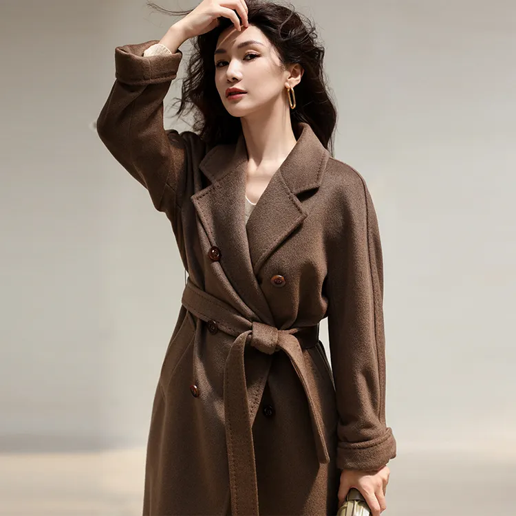 秋冬中长款高端带里衬紫绒纯山羊绒大衣时尚双排扣毛呢外套101801