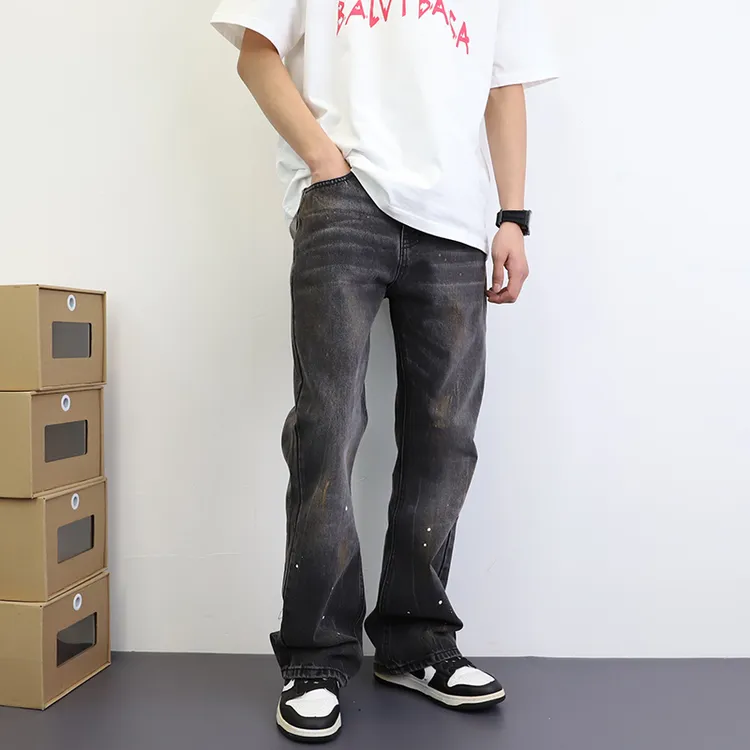 美式重工微喇牛仔裤男黑灰复古做旧泼漆长裤子男士潮牌痞帅脏脏裤