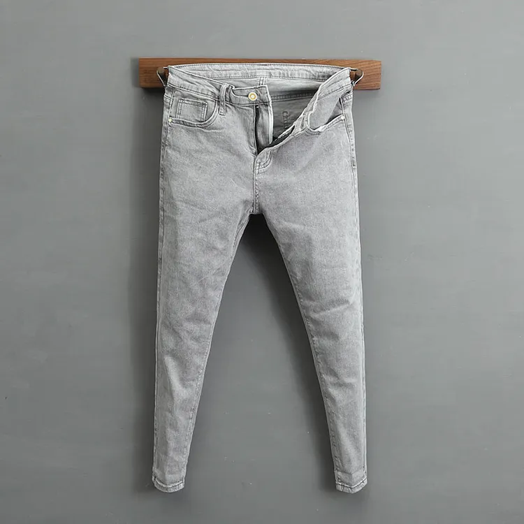 春夏灰色韩版休闲潮流修身小脚显瘦紧身九分牛仔裤男休闲百搭长裤