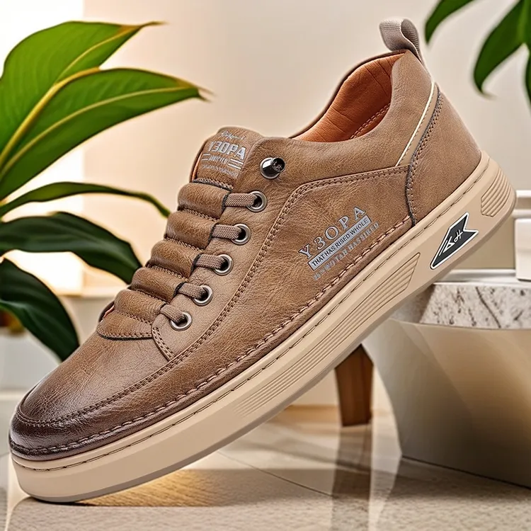 2024春新款牛皮休闲皮鞋男鞋潮流百搭时尚舒适软皮平底休闲鞋车缝