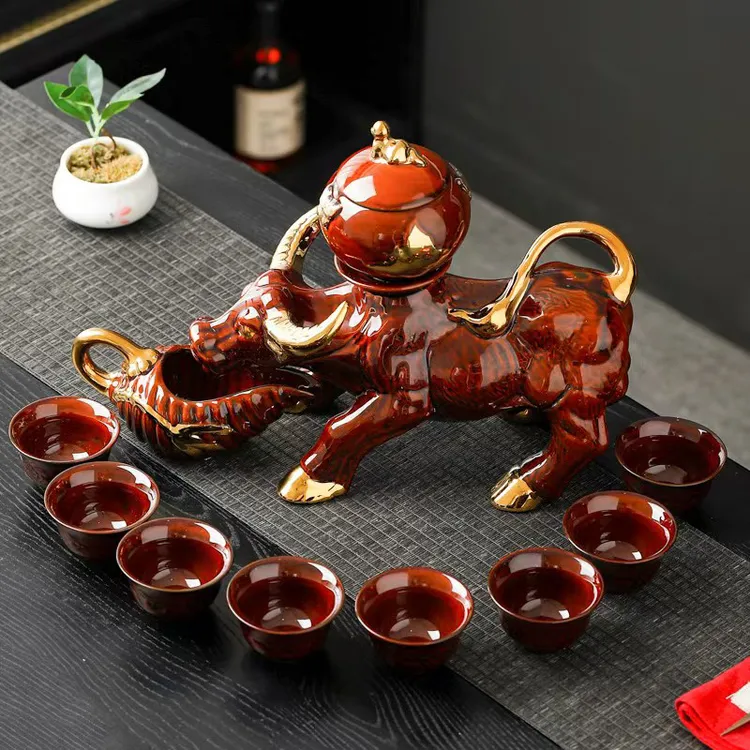 中国红大金牛陶瓷茶具家居家用办公茶室中式复古创意手工茶具套装