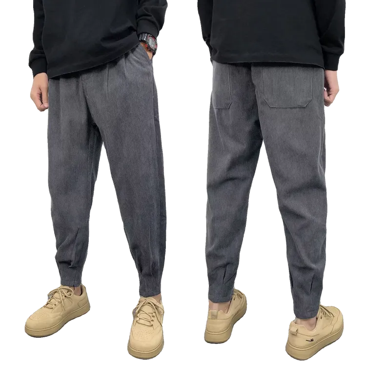 灯芯绒裤子男春秋季潮牌拉链束脚裤痞帅百搭休闲九分裤宽松哈伦裤