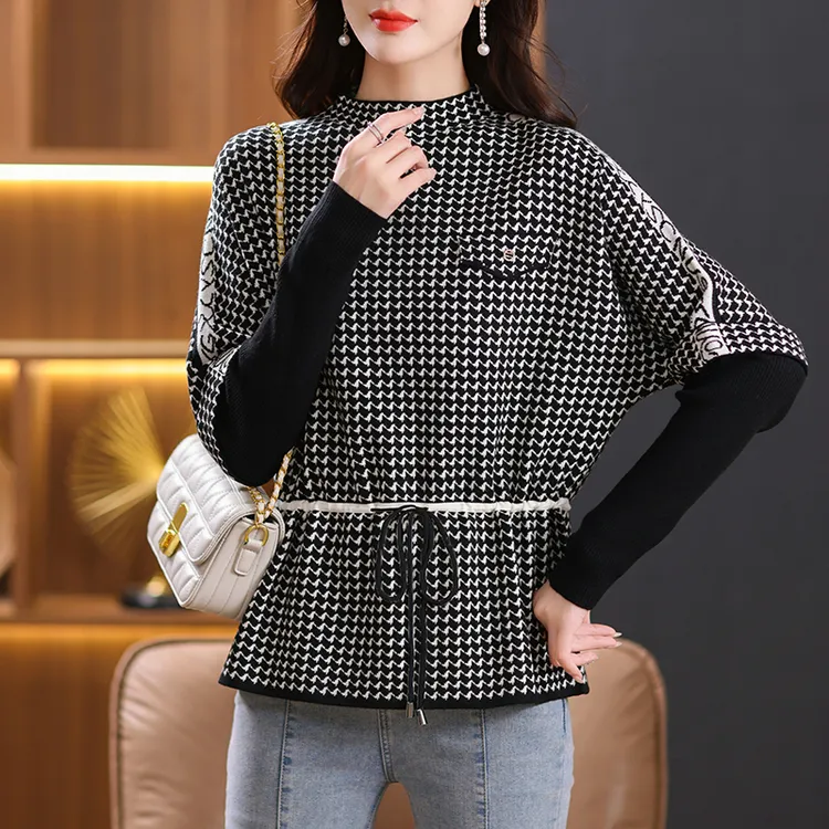 秋冬新款拼接千鸟格长袖毛衣女宽松妈妈秋装上衣洋气针织打底衫